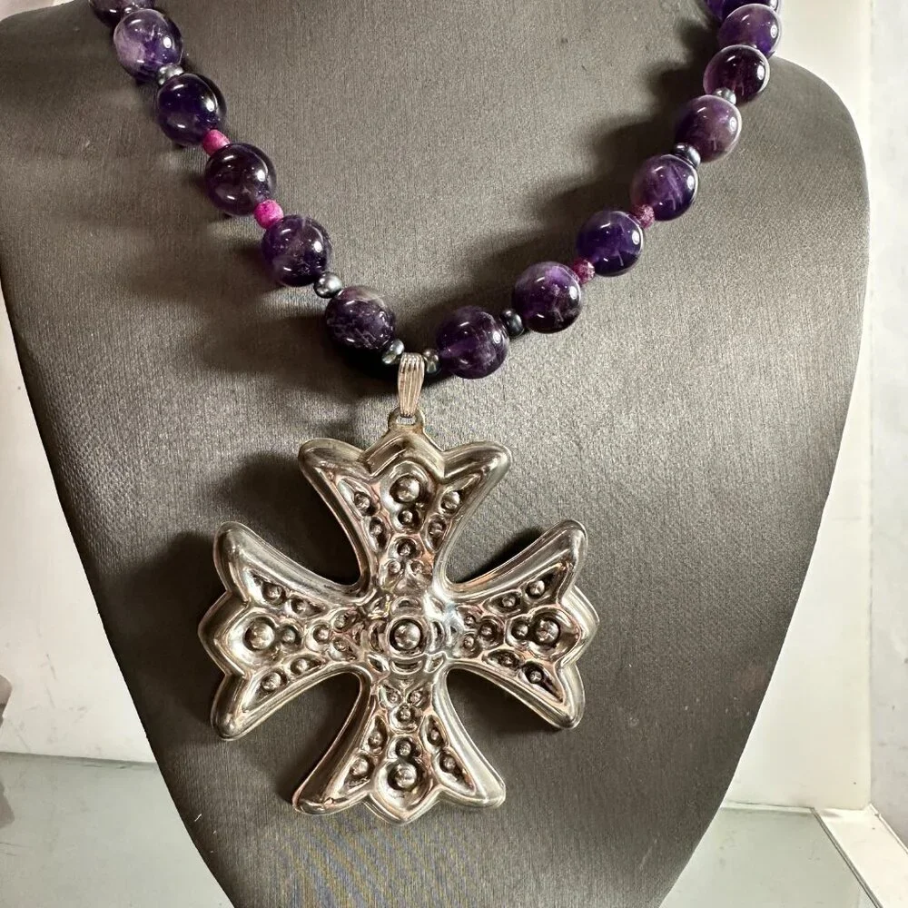 Maltese Cross Sterling Silver Genuine Ruby Tahitian Pearls Amethyst Necklace 925